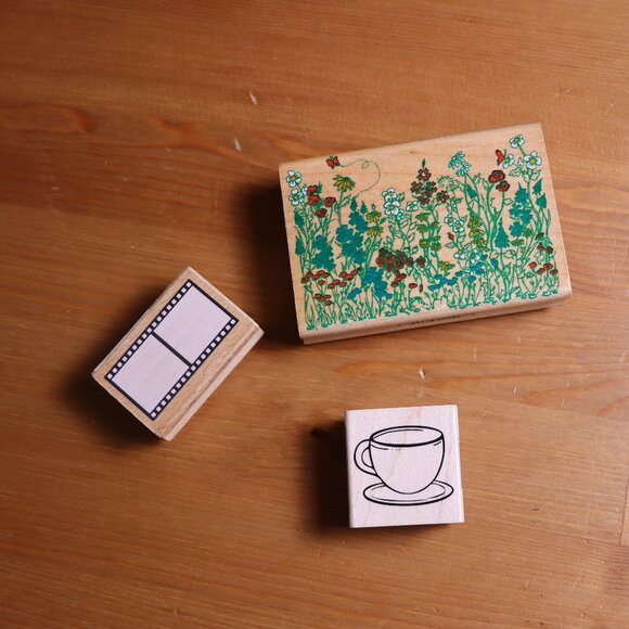 Lot of 3 rubber stamps for crafting, lightly used, flowers, coffee cup, and film - Picture 1 of 9
